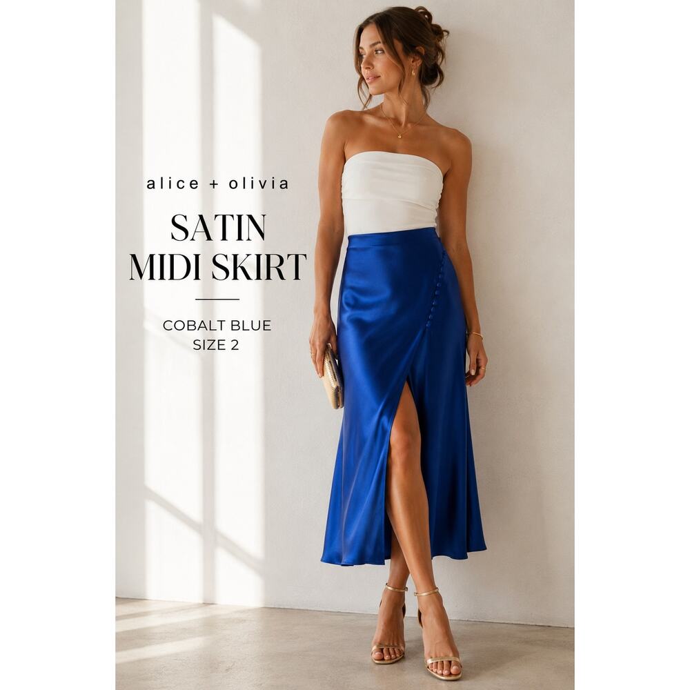 Alice + Olivia Cobalt Blue Satin Midi Skirt Size 2 Designer Wrap Slit